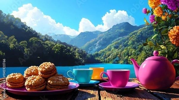 Fototapeta A colorful tea setup featuring vibrant cups, a teapot, and delicious pastries, with a stunning mountain backdrop and clear blue lake under a sunny sky.