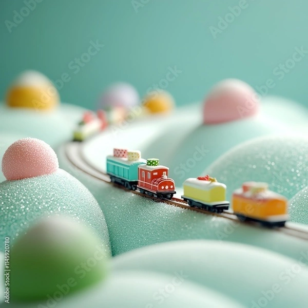 Fototapeta A colorful toy train traveling through a whimsical landscape with soft hills and pastel-colored trees, evoking a sense of nostalgia and playful imagination.