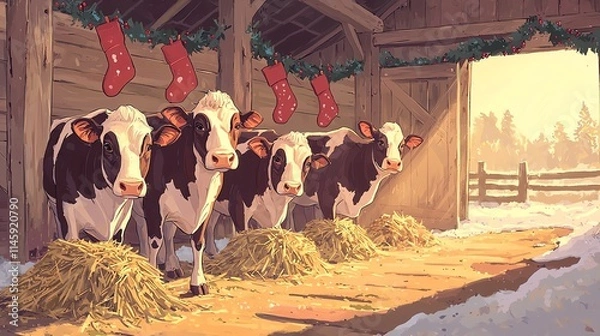 Fototapeta A cozy barn scene featuring charming cows standing on hay, adorned with festive stockings, illuminated by warm sunlight filtering through the wooden structure.