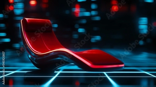 Fototapeta A contemporary red lounge chair displayed against a futuristic blue grid background, emphasizing modern design and comfort.