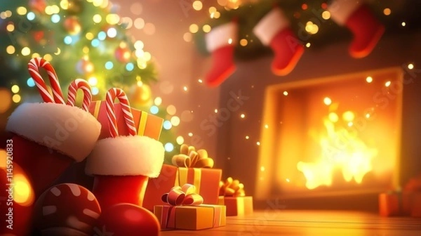 Fototapeta A cozy Christmas scene featuring colorful stockings, beautifully wrapped gifts, and a glowing fireplace, creating a warm and festive atmosphere for the holiday season.