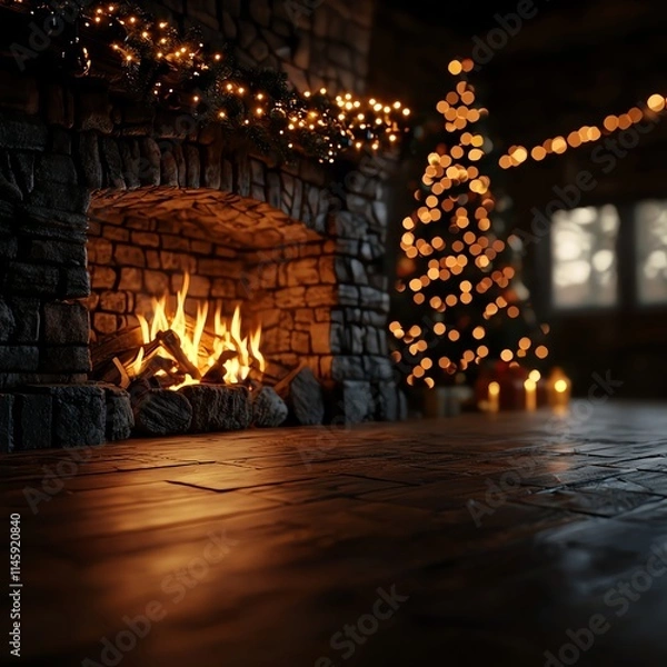 Fototapeta A cozy Christmas setting featuring a beautifully decorated tree, warm fireplace with glowing flames, and softly lit candles, creating a festive and inviting atmosphere.