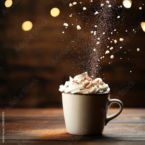 Fototapeta A cozy cup of hot chocolate topped with whipped cream and sprinkles, set against a warm, blurred background with soft lights, perfect for winter vibes and indulgent treats.