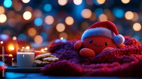 Fototapeta A cozy festive scene featuring a cute plush octopus wearing a Santa hat, surrounded by cookies and a cup of drink, set against a backdrop of beautiful holiday lights.