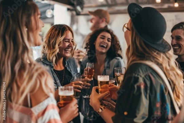 Fototapeta Group of young people having fun and drinking beer at a pub.
