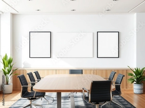 Obraz A mockup of office wall art displayed in a conference room with a clean and professional aesthetic, conference room, wall art, work environment