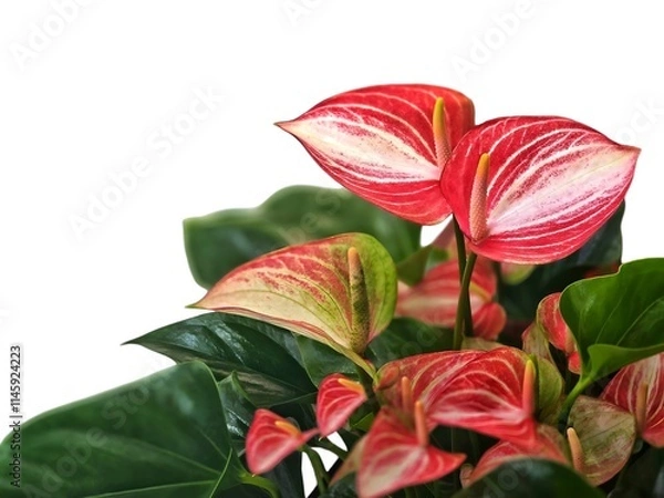 Fototapeta Anthurium flowers with glossy green leaves  isolate on white background with copy space.Heart-shaped flowers.