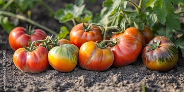 Fototapeta Heart of tomatoes resting on the ground, showcasing their vibrant colors and fresh appearance, emphasizing the natural beauty of these tomatoes in a rustic setting.
