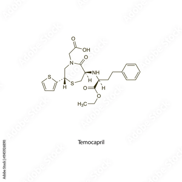 Fototapeta Temocapril flat skeletal molecular structure ACE inhibitor drug used in hypertension treatment. Vector illustration scientific diagram.