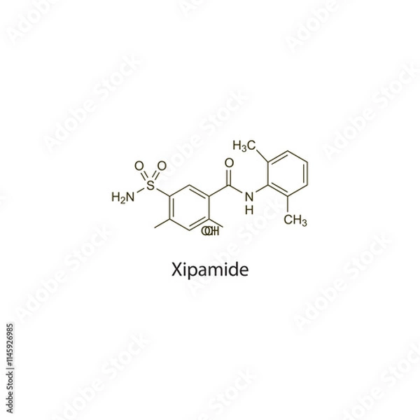Fototapeta Xipamide flat skeletal molecular structure Thiazide diuretic drug used in hypertension, heart failure treatment. Vector illustration scientific diagram.