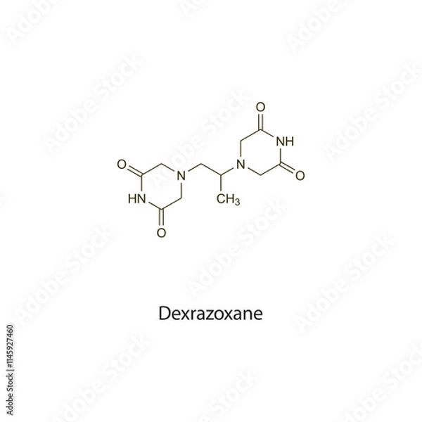 Fototapeta Dexrazoxane flat skeletal molecular structure cytoprotective drug used in anthracyclines cardiotoxicity treatment. Vector illustration scientific diagram.