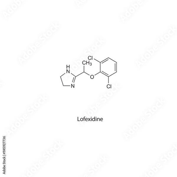 Obraz Lofexidine flat skeletal molecular structure Alpha-2 Agonist drug used in opioid withdrawal symptoms treatment. Vector illustration scientific diagram.
