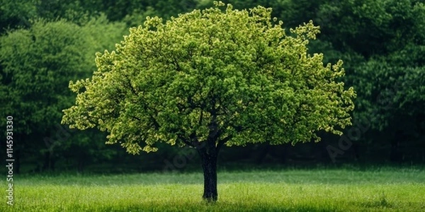 Fototapeta Lush green tree adorned with vibrant spring foliage, showcasing the beauty of nature and the essence of a green tree in a serene outdoor setting. Perfect example of a green tree in spring.