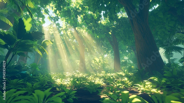 Fototapeta Sunbeams Pierce Tropical Forest: Sunlight rays illuminate a lush, green tropical forest