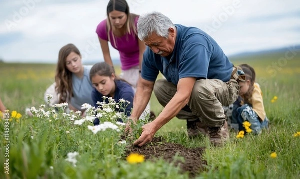 Fototapeta An elder teaches children about planting flowers in a field.