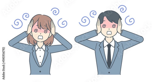 Fototapeta 頭を抱えて混乱するビジネスマンとビジネスウーマン