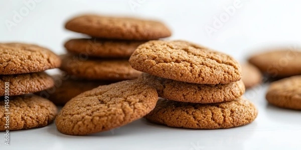 Fototapeta Fresh cookies displayed beautifully on a white surface create an inviting and delicious ambiance. The fresh cookies, with their tempting aroma, make for a delightful treat.