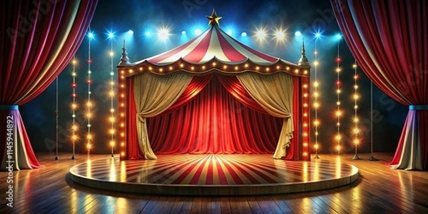 Fototapeta 3D Render Circus Stage Podium Background: Red Curtain, Carnival Lights, Rule of Thirds