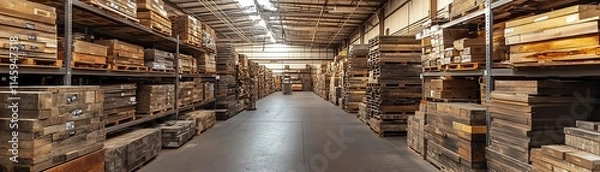 Fototapeta Massive industrial warehouse with high shelving units filled with neatly organized boxes, representing efficient logistics and storage in a distribution facility