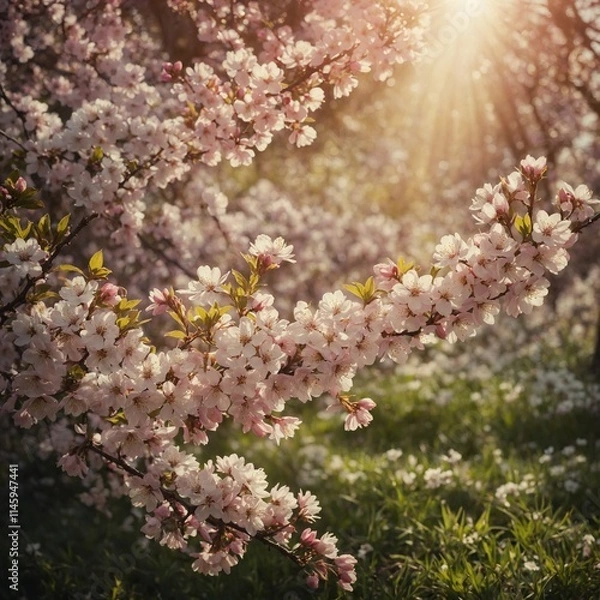 Fototapeta "Create a beautiful banner featuring spring blossoms in full bloom, set against a softly blurred nature background illuminated by warm sunlight. 