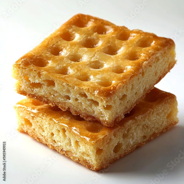 Fototapeta Two golden-brown square crackers stacked.