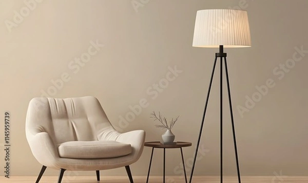 Fototapeta A black metal floor lamp with a white pleated shade. The base is circular and wooden, Generative AI 
