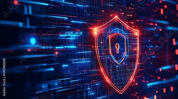 Fototapeta Futuristic Cyber Security Concept with Shield and Lock in Digital Environment with Neon Lights and Data