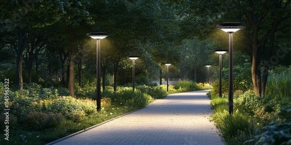 Fototapeta Innovative solar street lamp illuminating park pathways, showcasing the benefits of solar street lamp technology for eco friendly outdoor lighting solutions in public spaces.