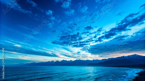 Obraz Blue sky meeting the calm ocean with clouds reflecting sunlight on a summer day
