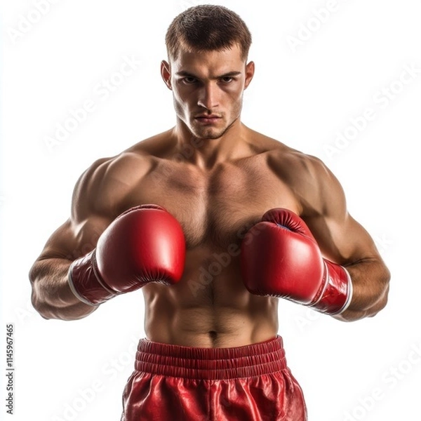 Obraz Muscular boxer in red gloves preparing for a match in a neutral background showcasing strength and determination