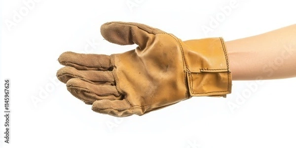 Fototapeta Hand holding a pair of construction gloves isolated against a white background, showcasing the gloves design and functionality for various building and renovation tasks. Construction gloves are