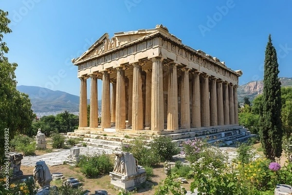 Obraz Ancient Greek temple towering marble columns statues and lush gardens under a bright blue sky