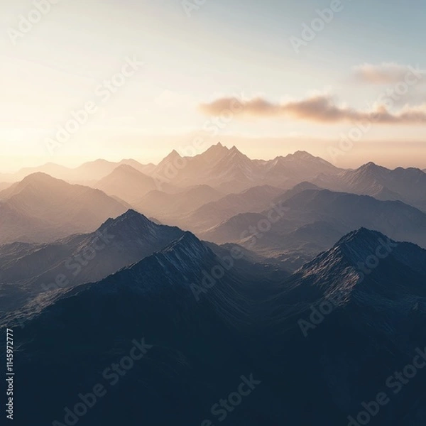 Fototapeta Serene sunset over layered mountain ranges.