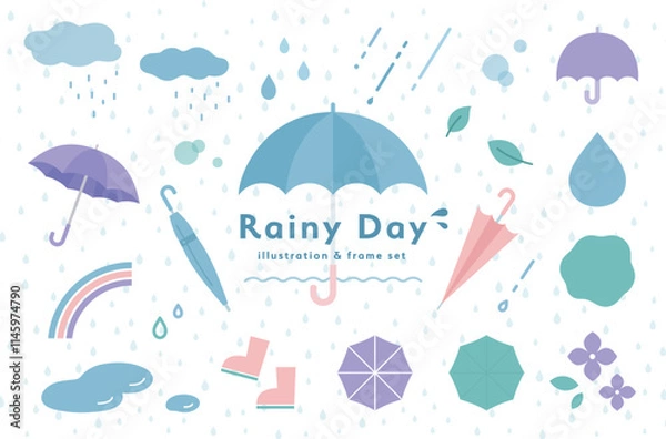 Fototapeta 雨の日と梅雨のイラストとフレームのセット　傘　あしらい　飾り　装飾　雨の日　レイングッズ　天気　雨雲