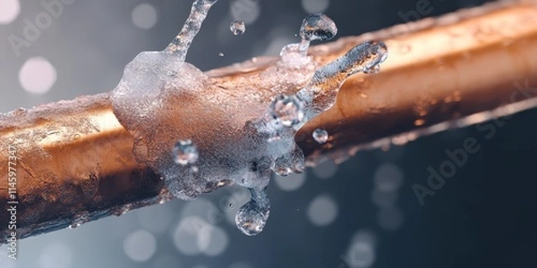 Obraz Water flows from a ruptured copper water pipe that suffered damage due to freezing ice. The burst copper water pipe illustrates the impact of freezing ice on plumbing systems.
