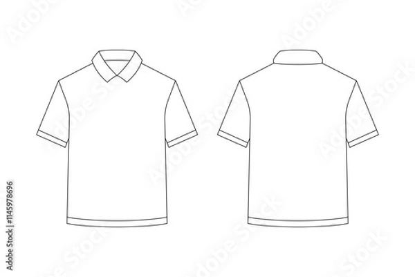 Fototapeta Simple outline drawing of a short-sleeve polo shirt template, showing both front and back views. This minimalist design can be used as a template for fashion design, customization, or branding purpose