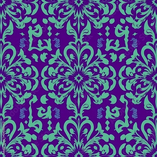 Fototapeta Seafoam Dreams Damask Pattern: Elegant teal and purple damask seamless pattern, perfect for textile design, wallpapers, and surface design projects.