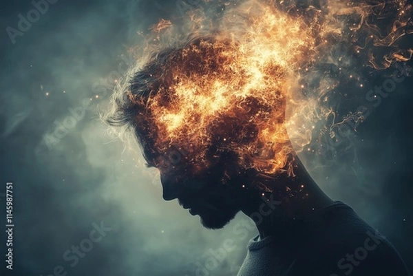 Obraz Man feeling mental health problems symbolized by burning head