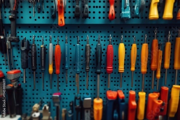 Obraz Colorful screwdrivers on display in a workshop tool organization industrial setting close-up view craftsmanship concept for diy enthusiasts