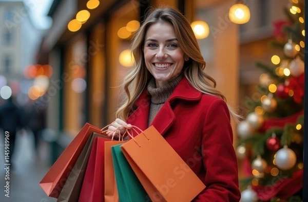 Fototapeta A woman in a red coat with a snow-white smile near the store holds Christmas gifts for a happy new year.