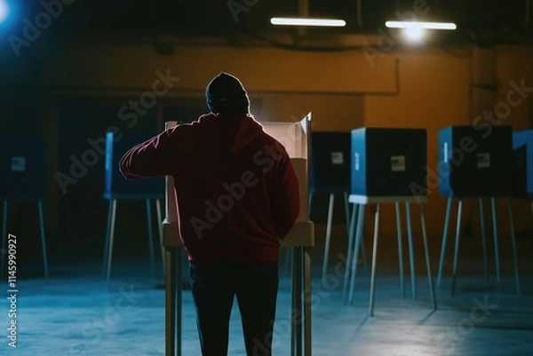 Fototapeta A man in a red hoodie stands in front of a row of voting booths, emphasizing the importance of civic duty and democratic participation