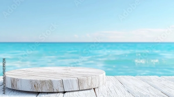 Fototapeta White wooden round platform on beach, ocean background.