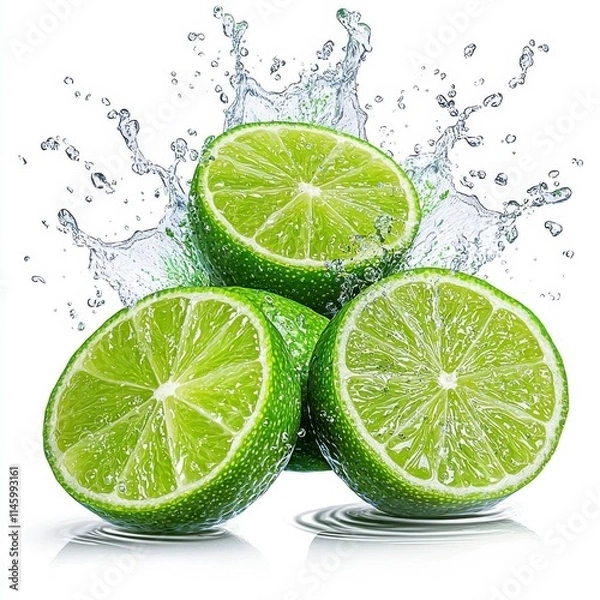 Fototapeta A photostock of a fresh green lime cut into slices with splashes of water mid-motion, isolated on a clean white background, crisp and refreshing, High Quality