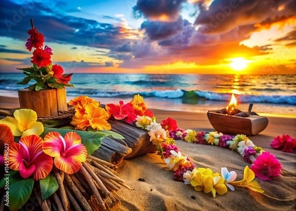 Fototapeta Luau Party Decorations Seaside Close-Up: Tropical Flowers, Leis, Tiki Torches, Ocean View