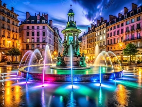 Fototapeta Lyon Jacobin Square Fountain Night Photography - Medium Shot Illuminated Water Feature