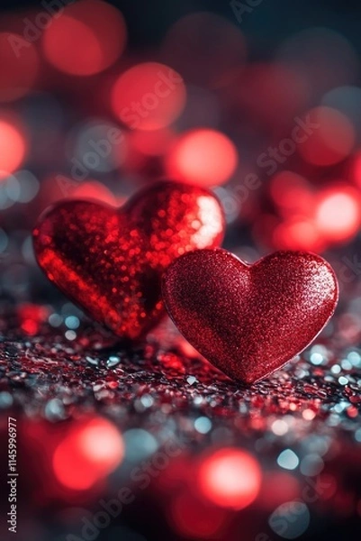 Fototapeta Red Hearts on Shiny Surface