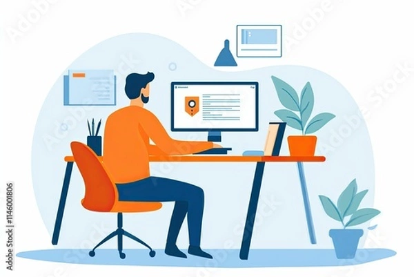 Fototapeta Person working at desk, computer screen, plants.