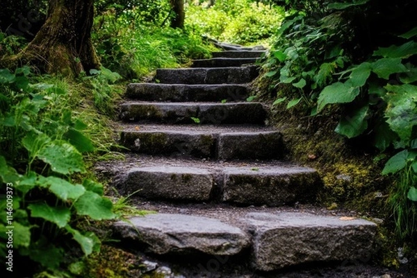 Fototapeta A natural path with stone steps leading up a hillside in a forest environment