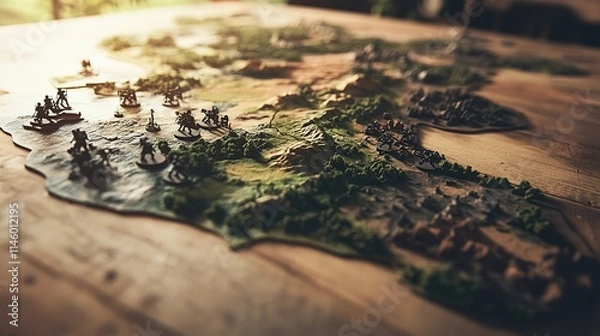 Fototapeta Close-up of detailed military strategy map with miniature soldiers and terrain models on wooden table for tactical planning and battlefield simulation.