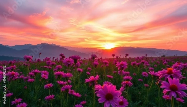 Fototapeta a close up of a field of flowers with a sunset in the background,